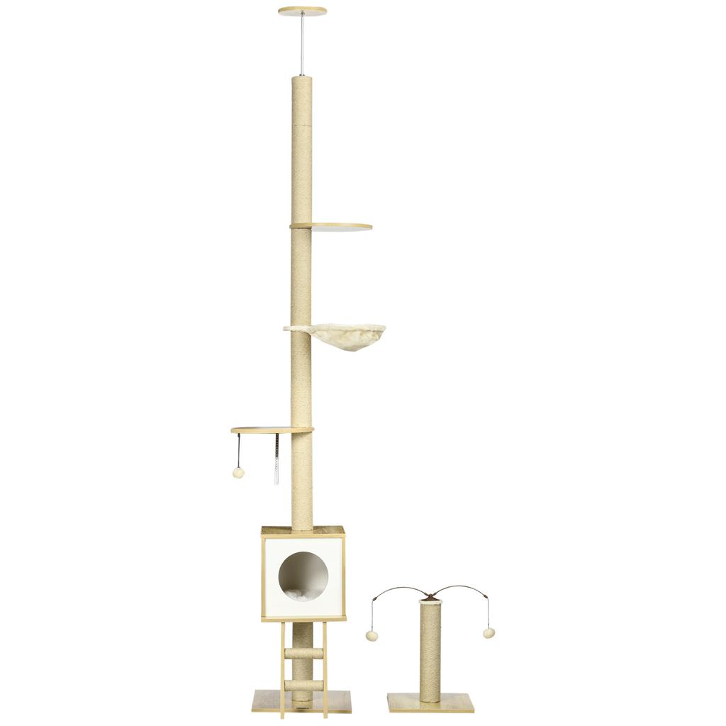 Floor To Ceiling Cat Tree Adjustable Height 225 285 Cm With Scratching Post 4 Levels Nest Hammock Ladder Games Beige