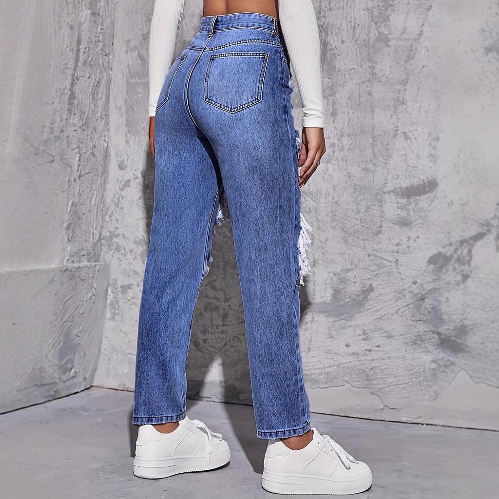 High-Waisted Ripped Denim Jeans
