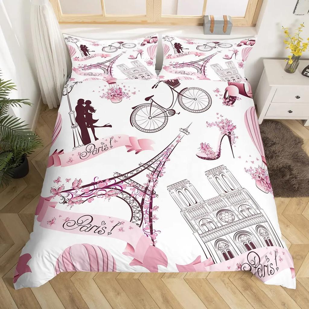 Paris Bettbezug-Set Queen Size Eiffelturm Bettwäsche-Set Mädchen Schwarz und Rosa Paris Deckenbezug Romantischer Französischer Bettdeckenbezug