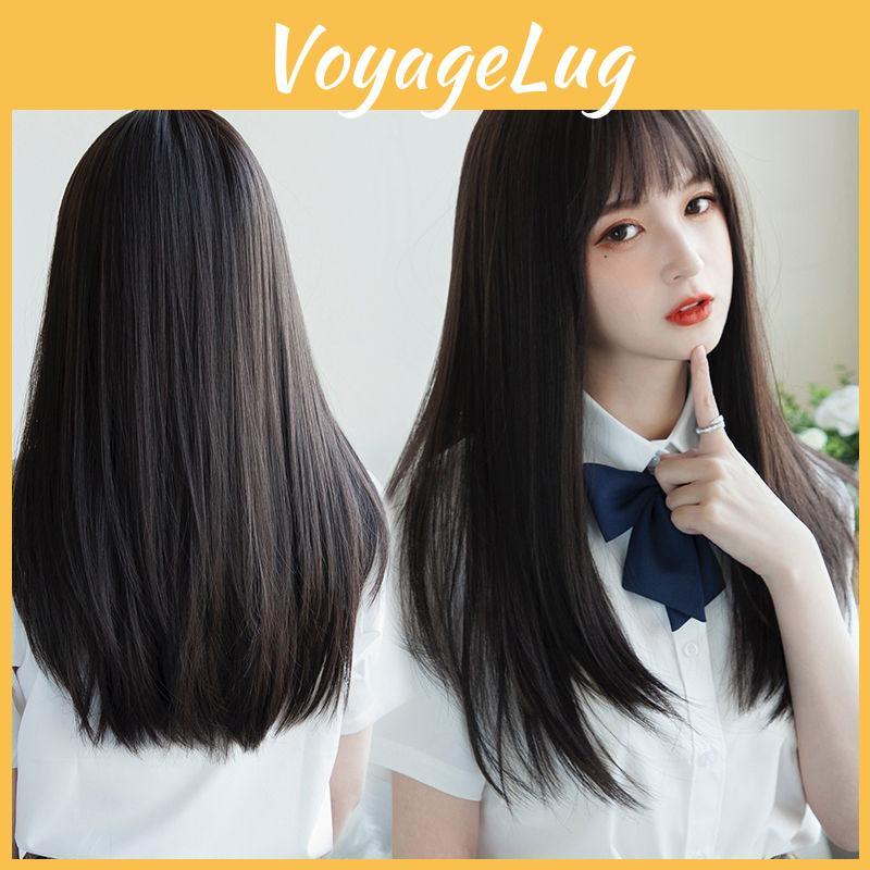Hair Extensions Synthetic Cute Korea Jk Girl Cosplay Air Bangs Wig Breathable Head Cover 50cm Long Straight Wig Hat For Women