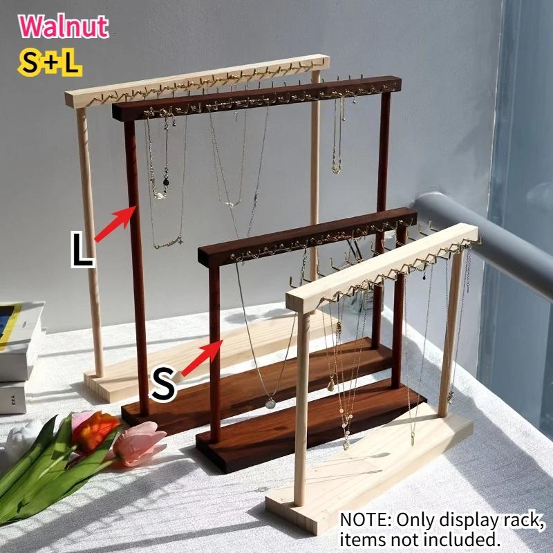 Wooden Double-Row Jewelry Display Rack Elegant Jewelry Organizer with Hooks for Necklaces Bracelets Earrings Rings Space-Saving
