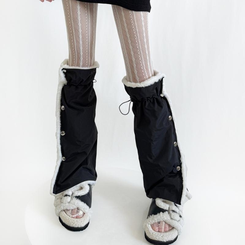 Women's Slouchy Leg Warmers with Side Split Buttons Solid Color Fleece Lined Drawstring Leg Covers Footless Long Socks