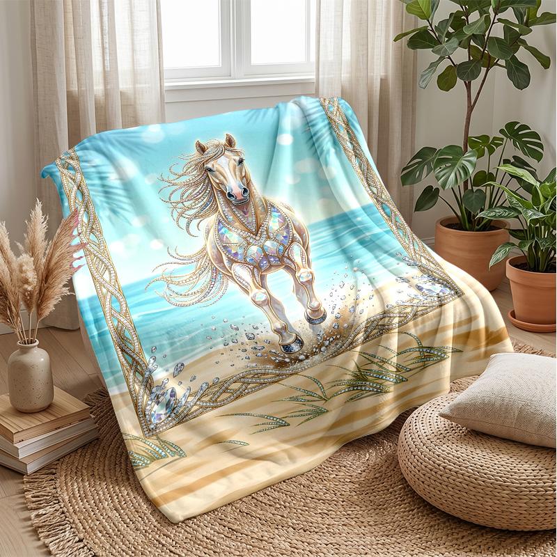 Oceanic Horse Majesty Theme Blanket Lightweight Warm Flannel Blanket Decorative Throw Blanket for Home Decoration