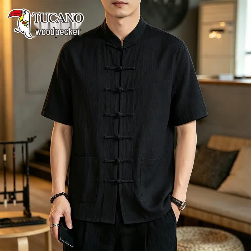 Tucano Men's New Chinese Style Cotton Linen Short-Sleeve Shirt
