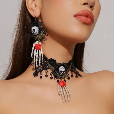 Halloween Skull Rose Palm Lace Necklace Earrings Two-piece Set Women's Vintage Personality Collar