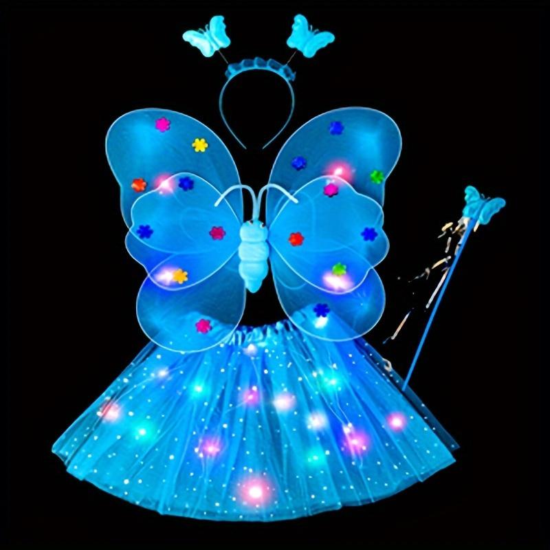 LED Knipperlicht Fee Vlinder Vleugel Toverstaf Hoofdband Kostuum Speelgoed Sprankelend Feeën Verlicht Kostuum Set Cosplay Verjaardagsfeest blue