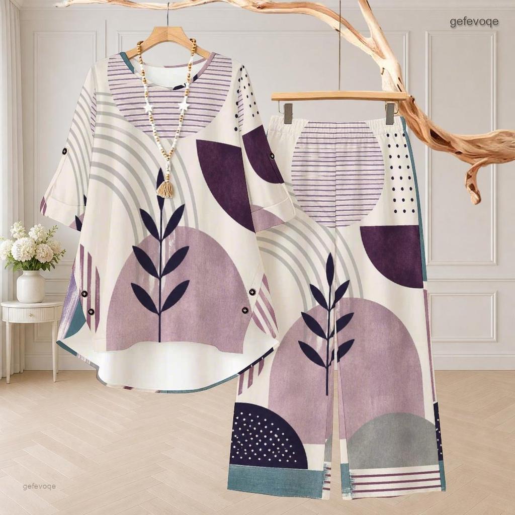 Women Plus Size Printed Two Piece Set Round Neck 3 4 Sleeve High Low Top And Wide Leg Pants