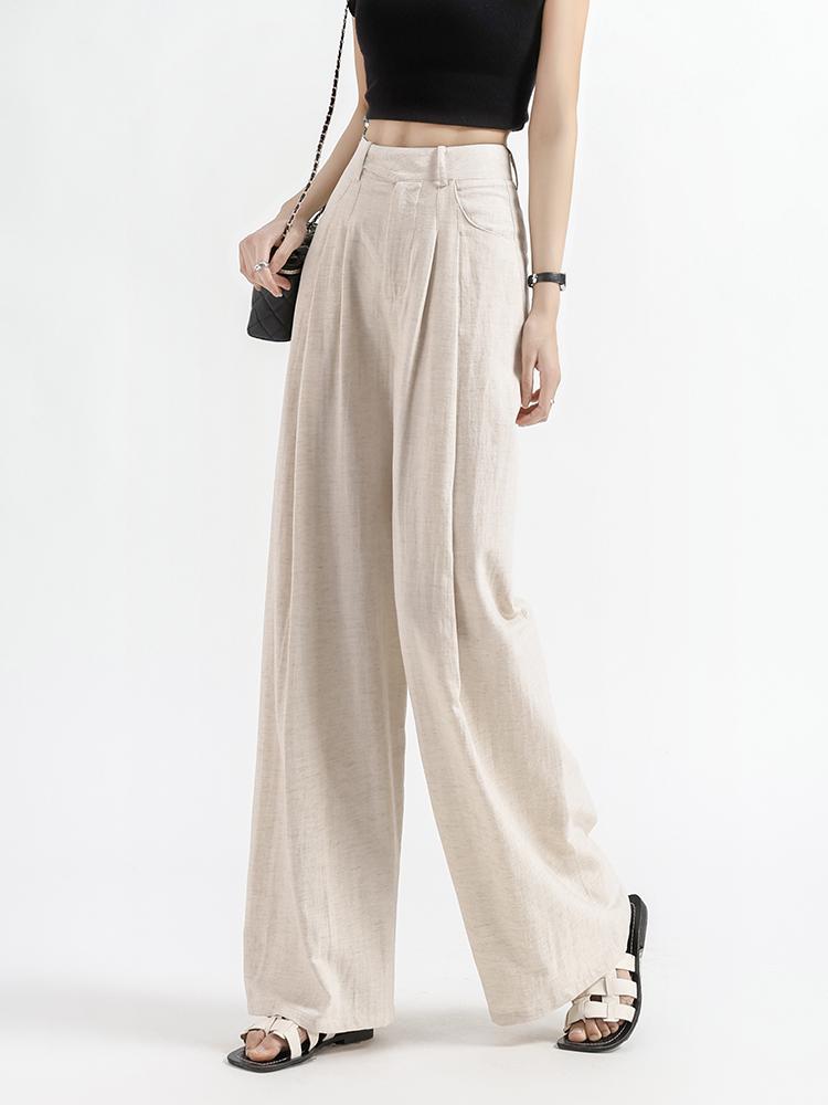 Women's High-Waisted Wide-Leg Linen Pants - Summer 2026 Collection, Loose Fit, Tencel Cotton Blend, Floor-Length