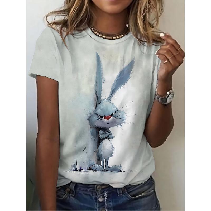 

A fun rabbit print cartoon design that combines casual elegance. This trendy women s top features a comfortable round neck T-shirt, perfect as a gift XL