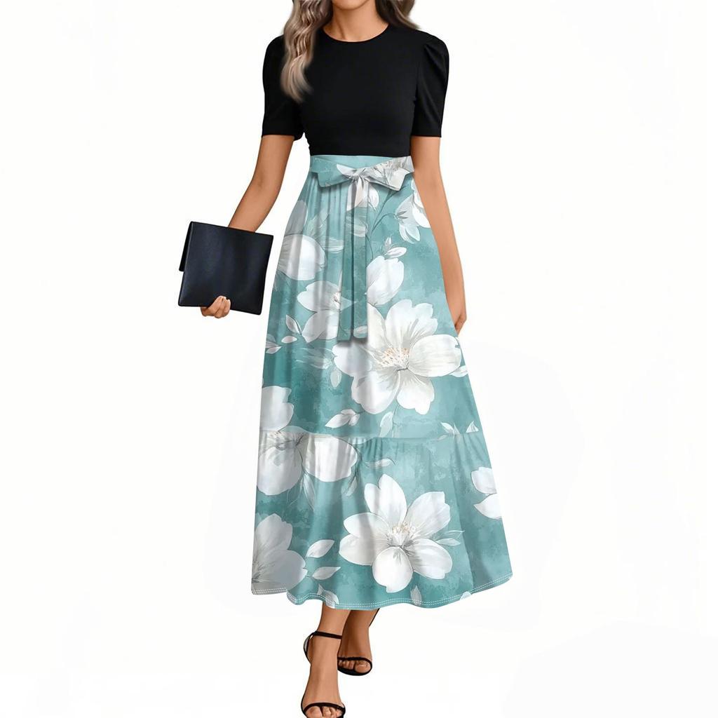 Women's Elegant Fashion Floral Print Belted Short Sleeve Round Neck Splicing Casual Dress
