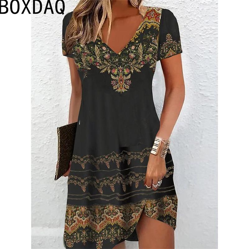 Abito A-line Floreale Elegante Vintage Donna Estate Manica Corta Scollo a V Casual Ampio Lunghezza al Ginocchio Abito Estivo Vestidos De Mujer