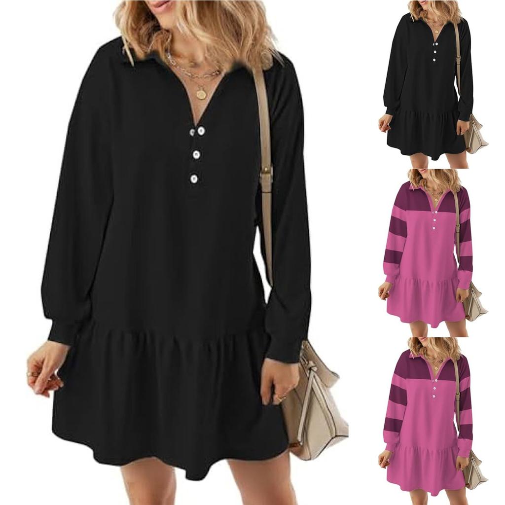 Women's Long Sleeve Pullover Lapel Casual Dress Solid Color Striped Patchwork Dresses