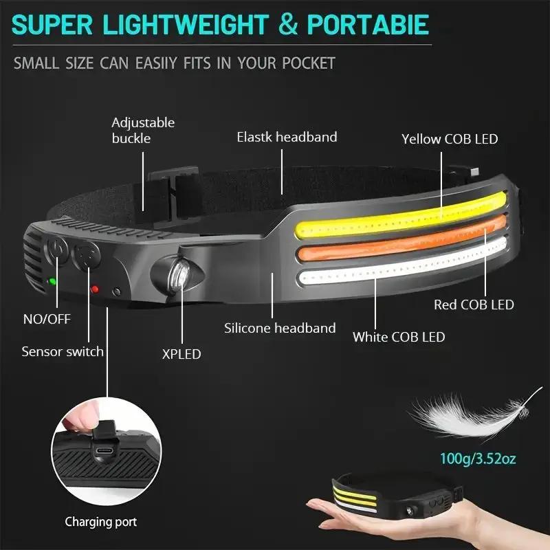 Induction LED COB Headlight Rechargeable Super Bright Work Light Motion Sensor Dimmable Head Lamp For Outdoor Camping Flashlight