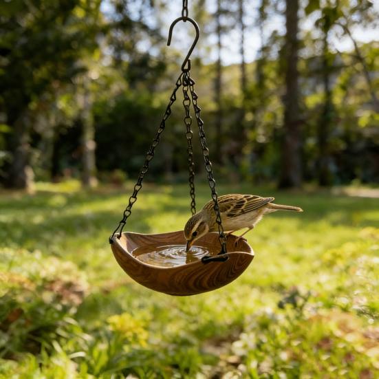 Hanging Bird Bath Wooden Bird Feeder with Chain Outdoor Bird Water Bowl Feeding Tray for Garden Outside Hummingbirds Drinking Bathing