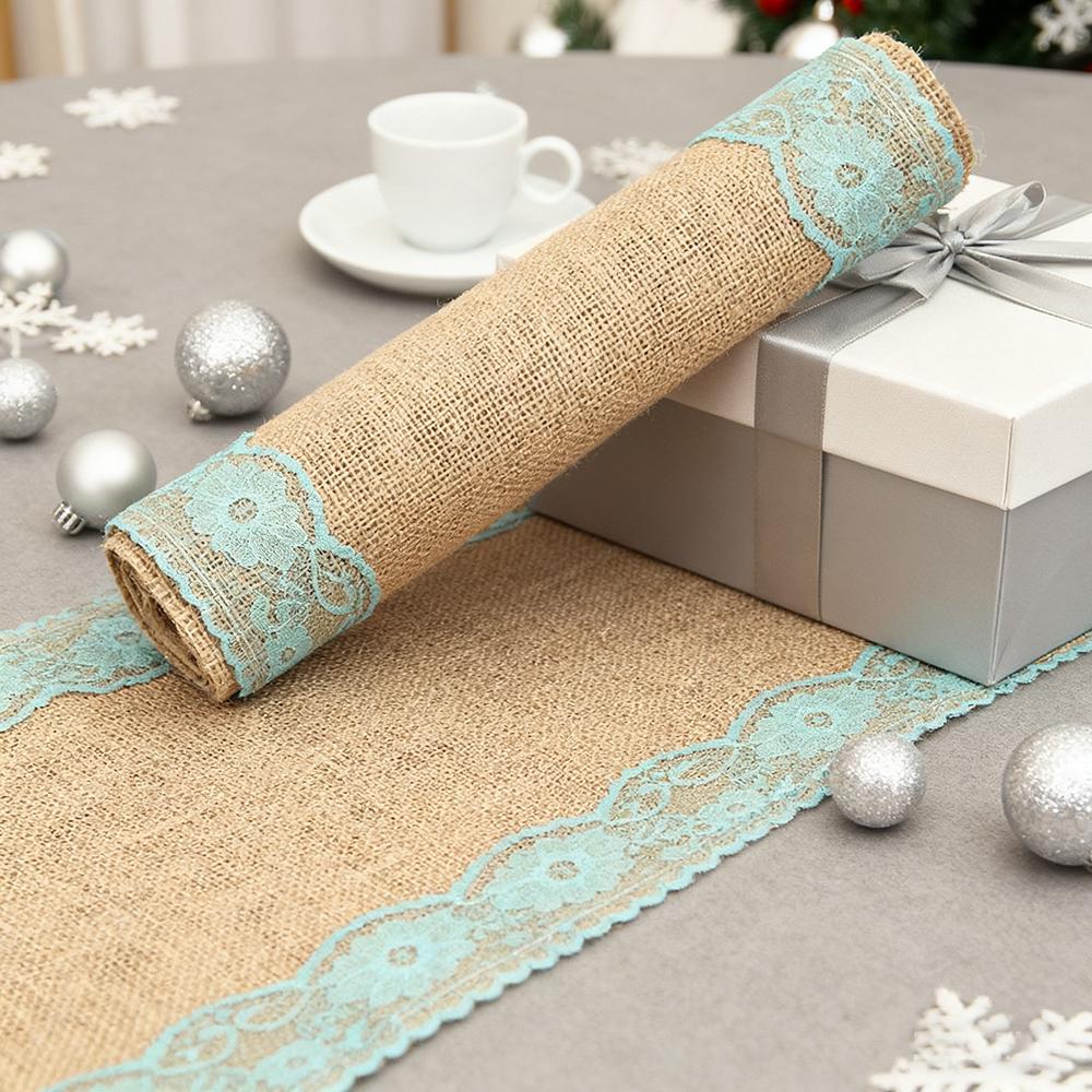 Natural Burlap Table Runner Jute Linen Lace Cloth for Dinning Room Restaurant Table Gadget Home Decortion 30x275cm/12x108inch
