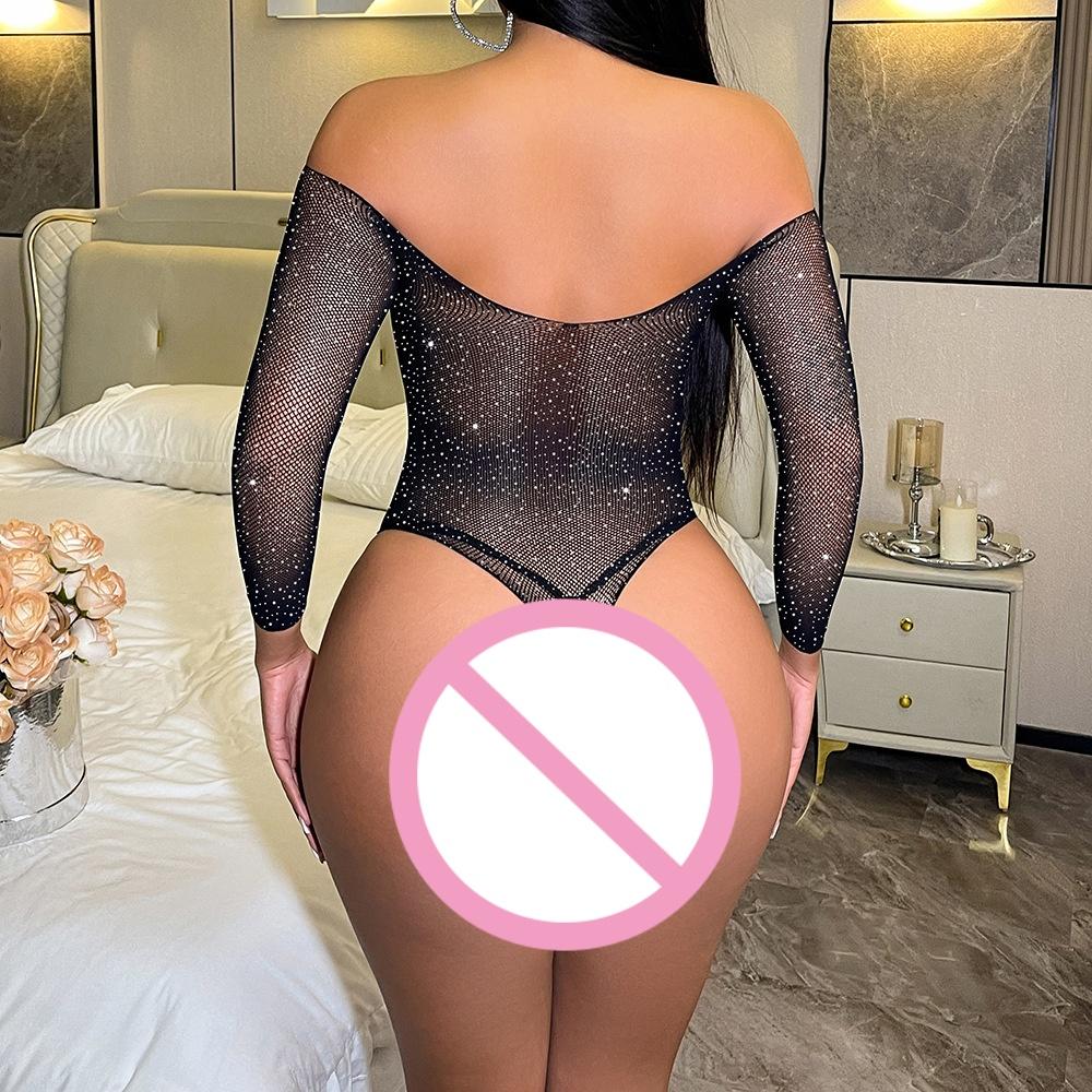 Sexy Rhinestone Long Sleeve Bodysuit Women Hollow Out Mesh Lingerie See Through Crystal Fishnet Jumpsuit Exotic Apparel