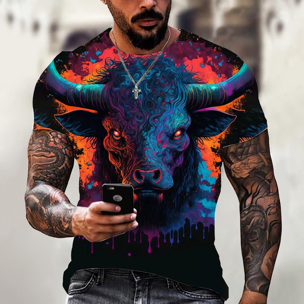 Summer Round Neck 3D Bull Pattern Print Top Fashionable Casual Short Sleeved Men's T-shirts