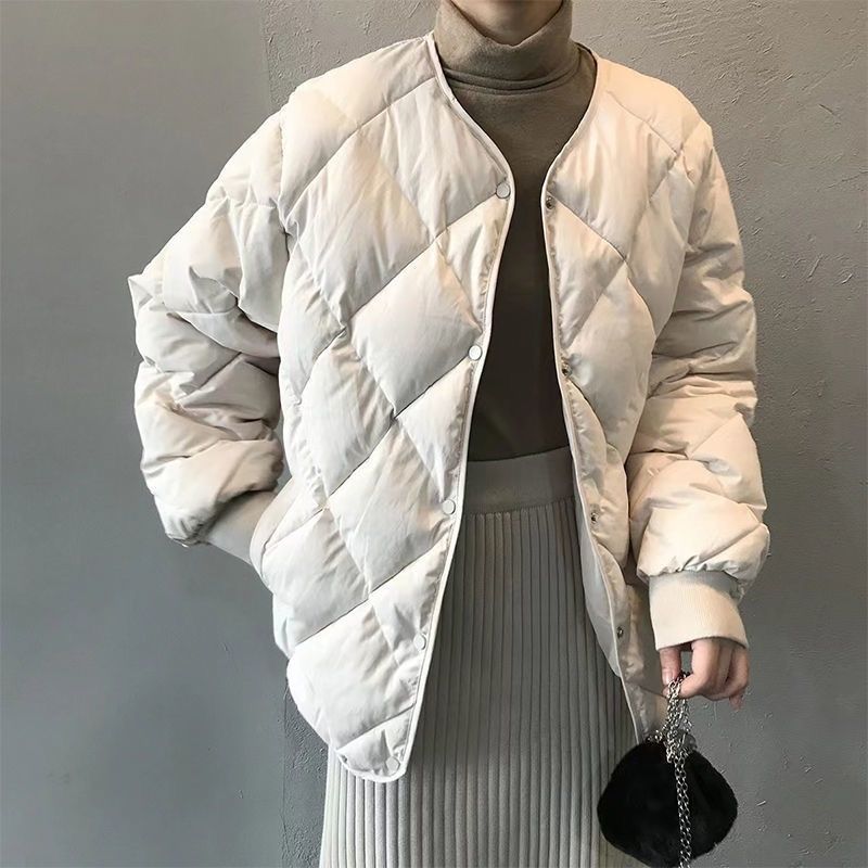 Damen Herbst Winter Einfarbig Diamantmuster Kragenlos Rundhals Mode Kurze Baumwollwattierte Jacke Leichter Baumwollmantel Oberbekleidung