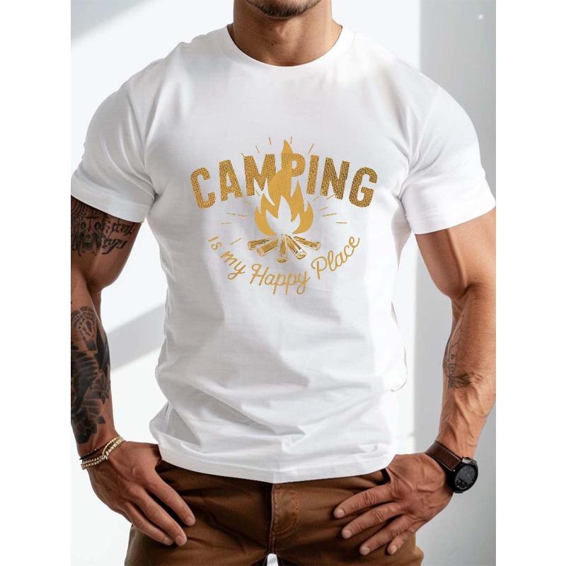 European Size Men'S Plus Size Summer T-Shirt, "CAMPING Is My Happy Place" Graphic Print, Short Sleeve Casual Top, Regular Fit, Geometric Pattern