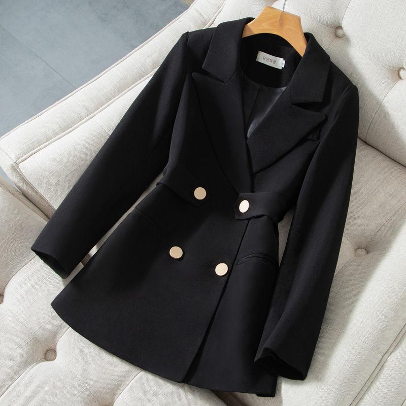Autumn Womens Blazers Double Breasted Notched Office Lady Small Suit Coat Formal Black