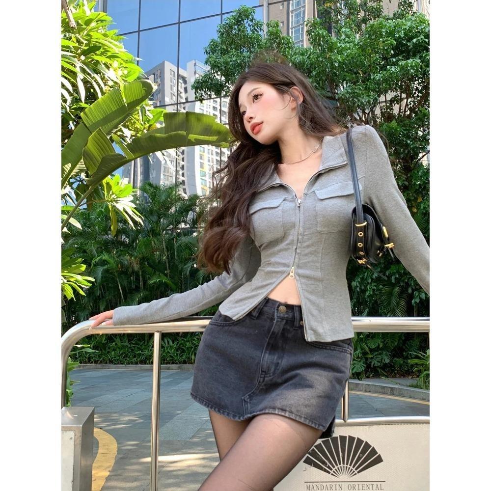 Women T-shirt Spring Autumn Clothes Ribbed Knitted Long Sleeve Short Tops Zipper Design Tee Sexy Female Slim Tops