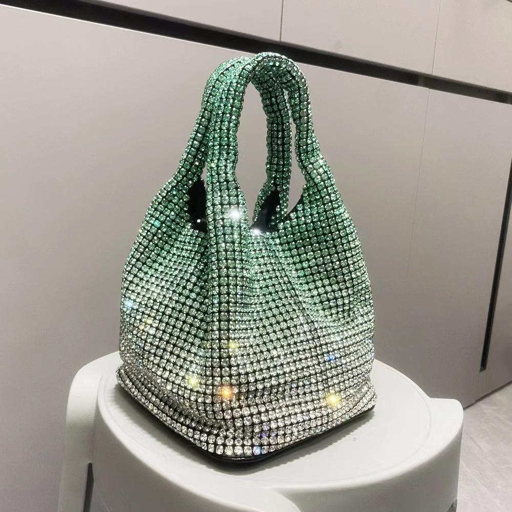 Fashion Rhinestone Small Bucket Bag for Women Sling Shoulder Crossbody Bag with Diagonal Chain Stylish Ladies Handbag