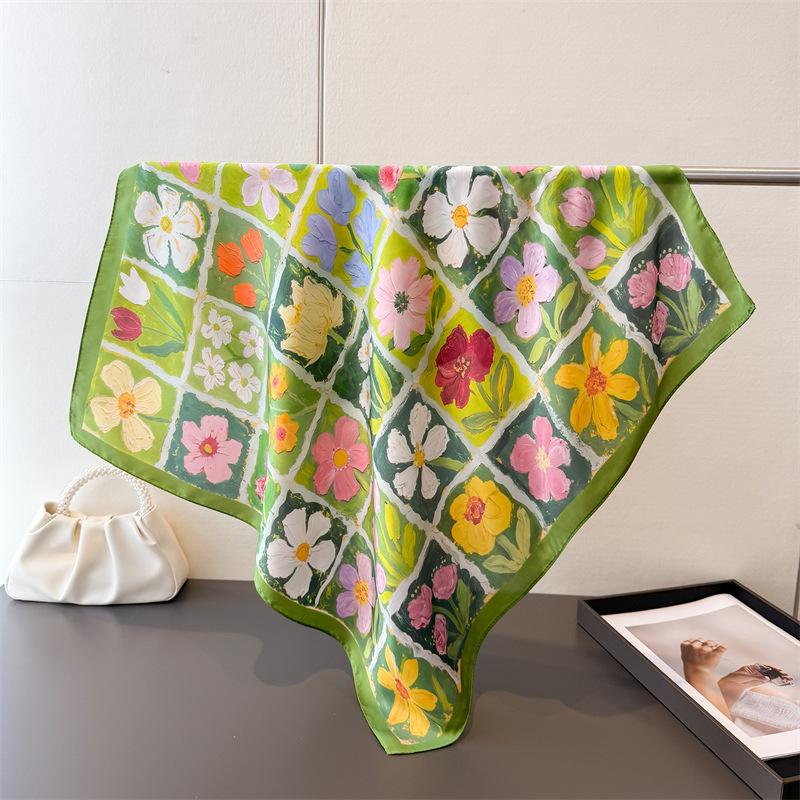 Fresh Oil Painting Style High-end Printed Silk Scarf Imitation Square Versatile Shawl Neck Small Headscarf
