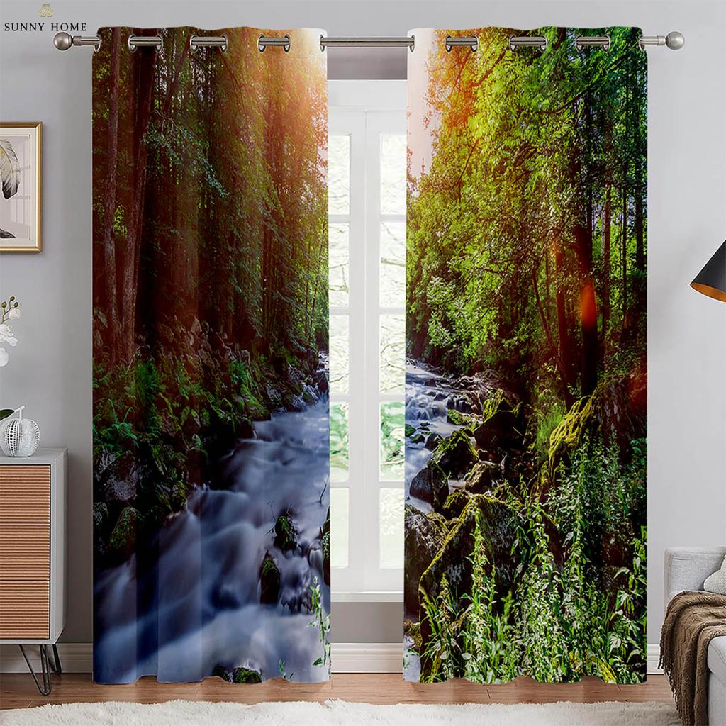 Green Forest Scenery 3d Printed Curtains Black Silk Blackout Heat Insulation Curtains Bedroom Study Living Room Curtains 2pcs