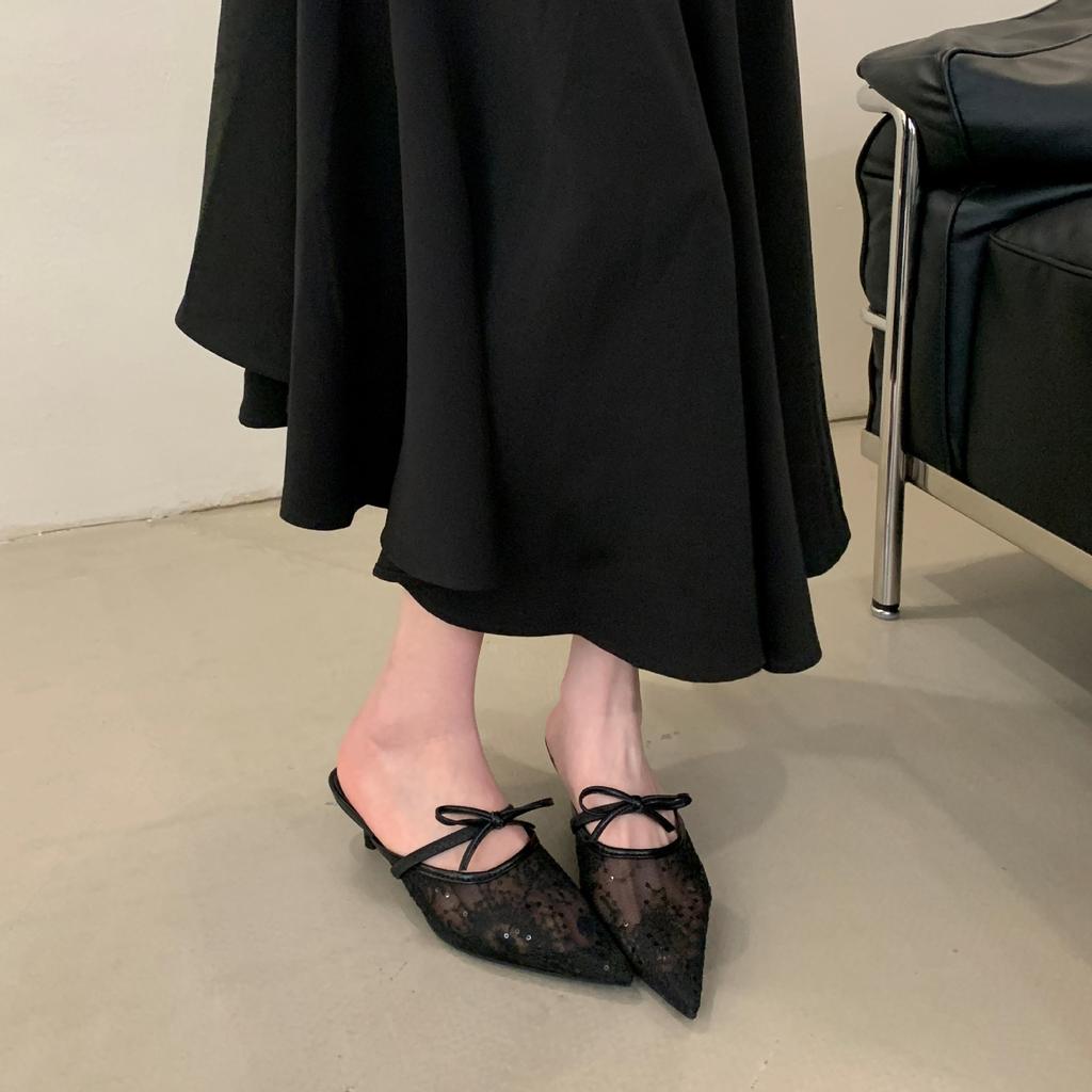 Hongkong Spitze spitze Zehenpartie dünner Absatz Schleife High Heels Damen Frühling und Sommer neue Mode Taschenkopf Halbschuhe
