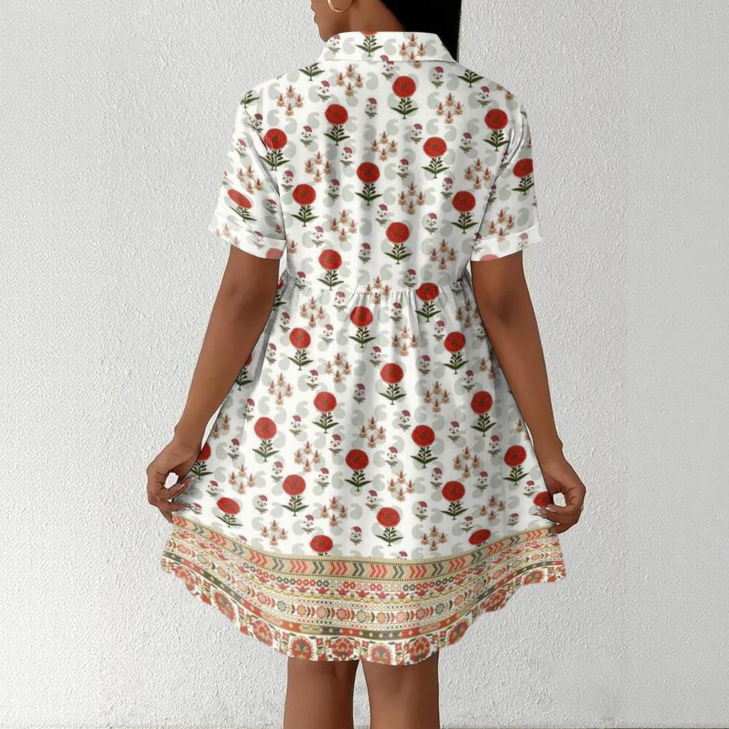 Casual Loose Fit Shirt Dress with Button Front and Stand Collar Short Sleeve Printed Summer Dress for Women