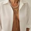 Spice Girl Cross Metal Pendant Necklace Elegant Pearl Beaded Y-Shaped Clavicle Chain Multilayer