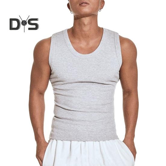 Men Vest Ribbed Fabric Round Neck Tight Fit Solid Color Tank Tops Breathable Vest Sports Fitness Streetwear