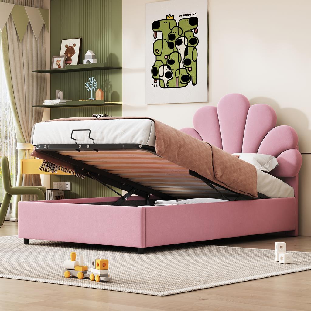 Upholstered Children's Bed 90 x 200 cm, with Floral Headboard and Slatted Frame, with Height-Adjustable and Hydraulic Storage, Velvet Fabric, Pink