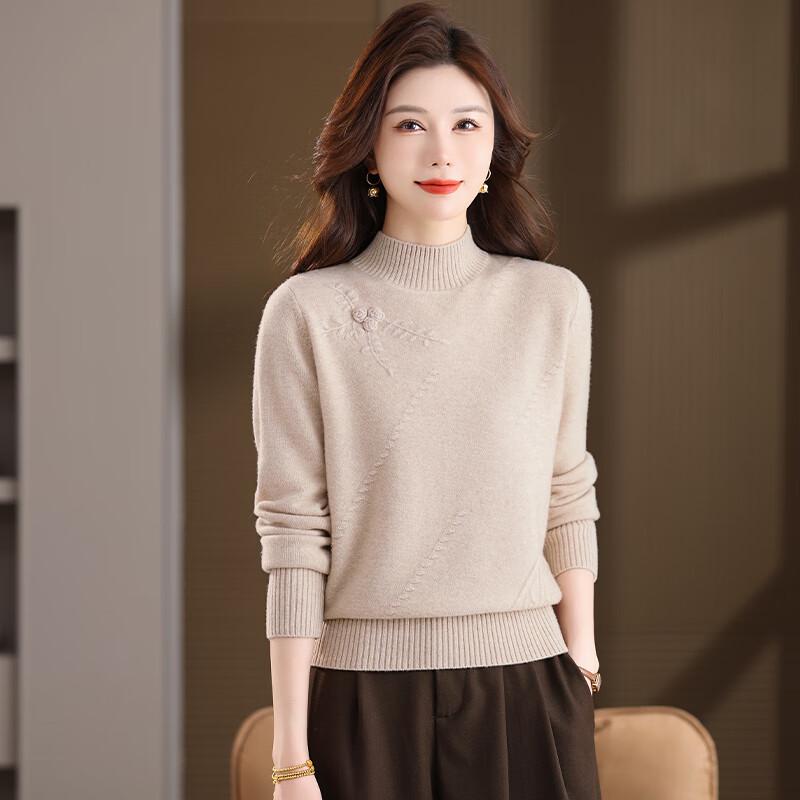 Fengxun Women's 100% Pure Wool Semi-High Neck Sweater
