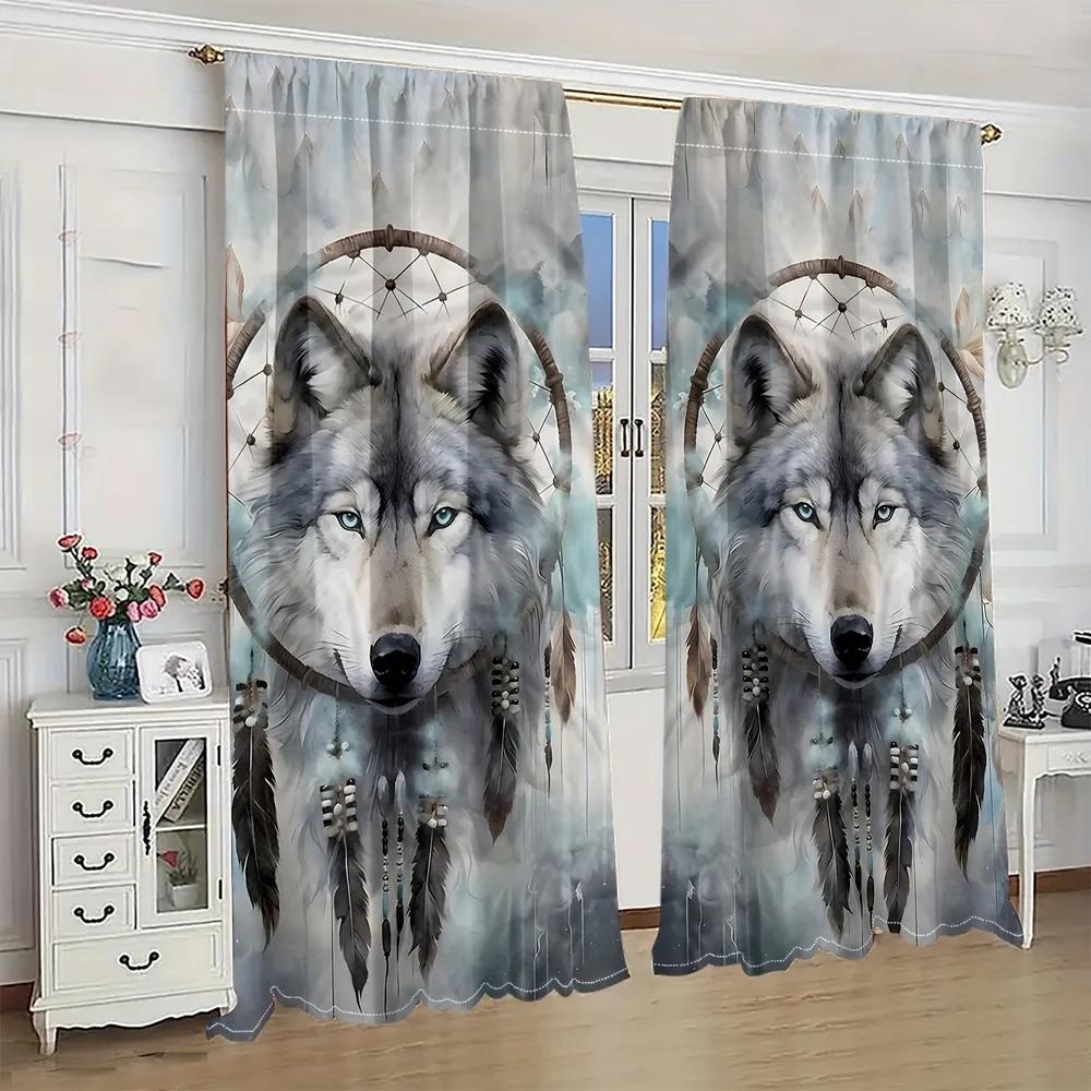 2PCS Bohemian Wolf Head Curtains with Rod Bag Design for Privacy Protection   Suitable for Various Decorative Scenarios