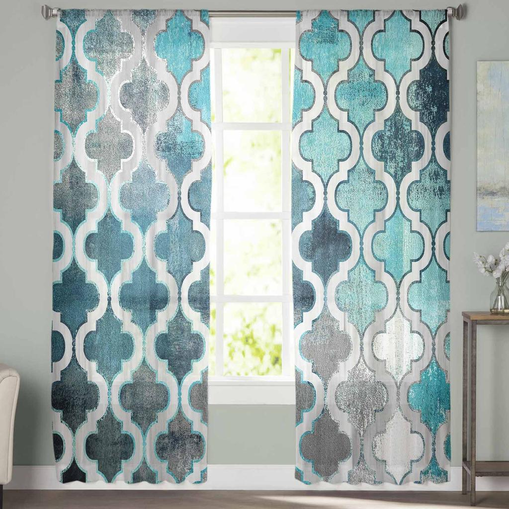 Retro Abstract Paint Mottled Moroccan Blue-Green Window Tulle Curtains for Living Room Hotel Luxury Decoration Sheer Curtains