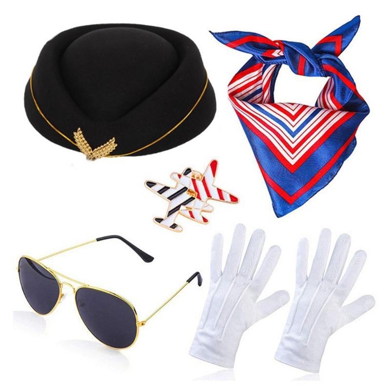 Stewardess Hats Air Hostess Costume Scarf for Masquerades Party Cosplay