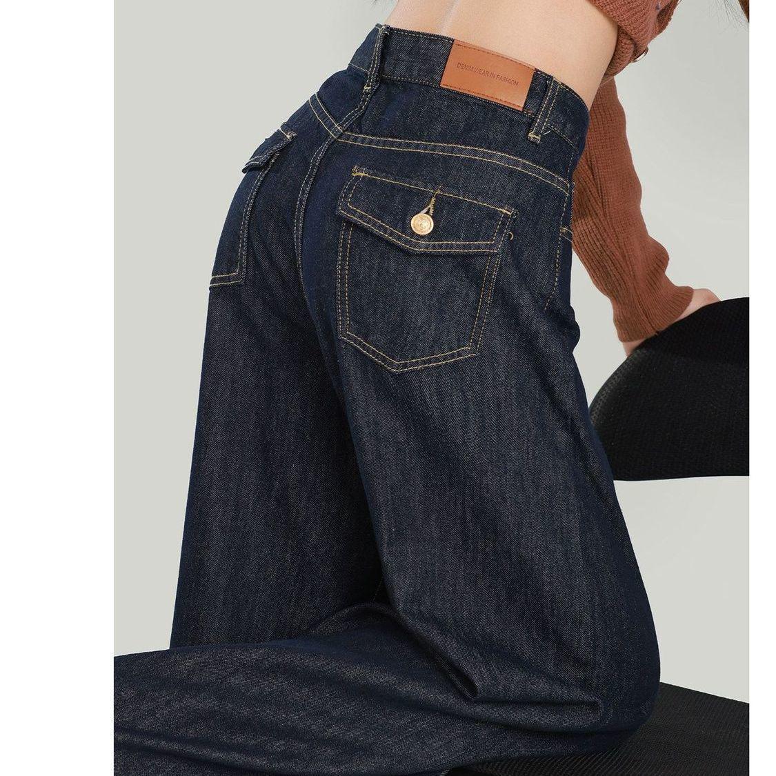 Women s Retro Dark Blue Wide-Leg High-Waisted Jeans, Spring 2026 – Relaxed, Straight-Leg, Floor-Length Denim Pants S (42.5-50kg)