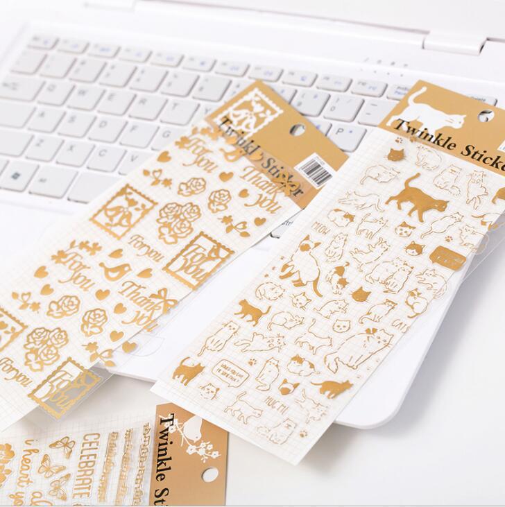 Retro Gold Christmas Stickers: 4 Designs - Cat, Birdcage, English Letters, Garden.