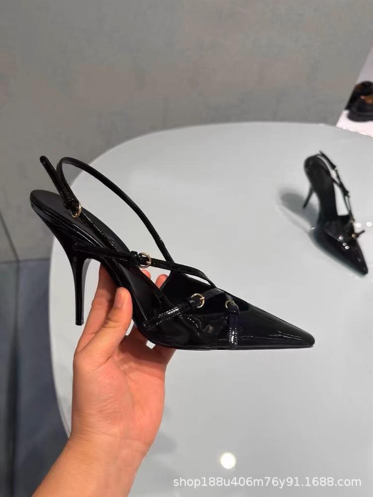 [Spot] Black patent leather temperament high heels women's French sexy small square head thin heel bag head cool slippers temperament