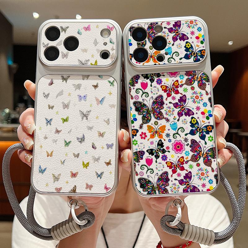 Colorful Butterfly Pattern Leather Lanyard Case For iPhone 18 Pro Max 17 16 15 14 13 Pro Max Luxury Hybrid TPU+PU Anti-skid Soft Phone Cover