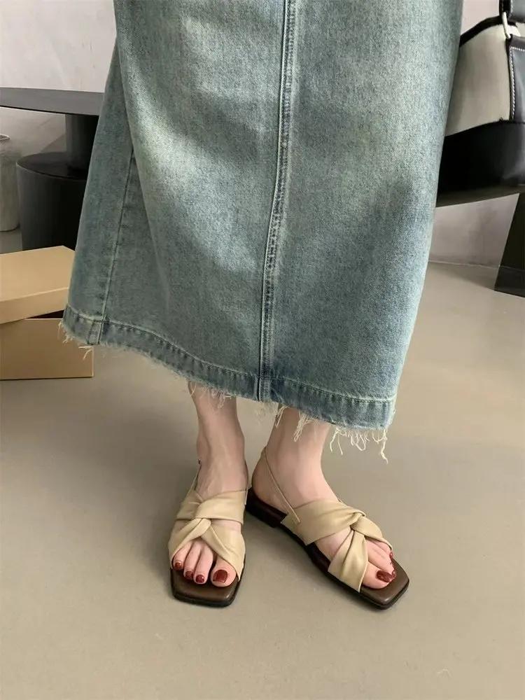 

Women Summer New Fashion Slippers with Square Toe Casual Leather Luxury Roman High Quality Slippers for Women 39 хаки