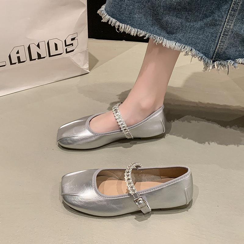 Ballet Style Flats Women's Summer New Light Mouth with Skirt Soft Sole One-button Silver Mary Jane Shoes