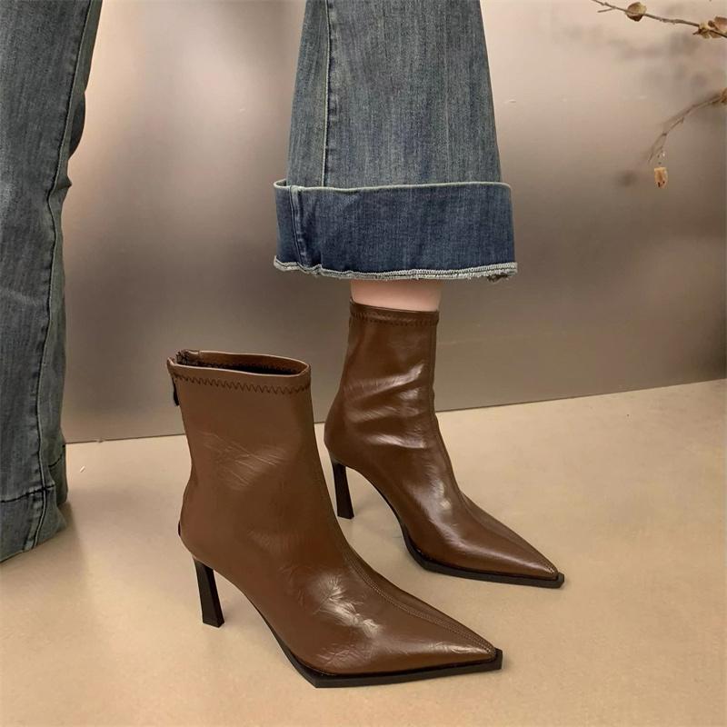 High Heel Women Stretch Slim Ankle Boots Fashion Pointed Toe Shoes Autumn Winter Ladies Elegant Mordern Short Booties