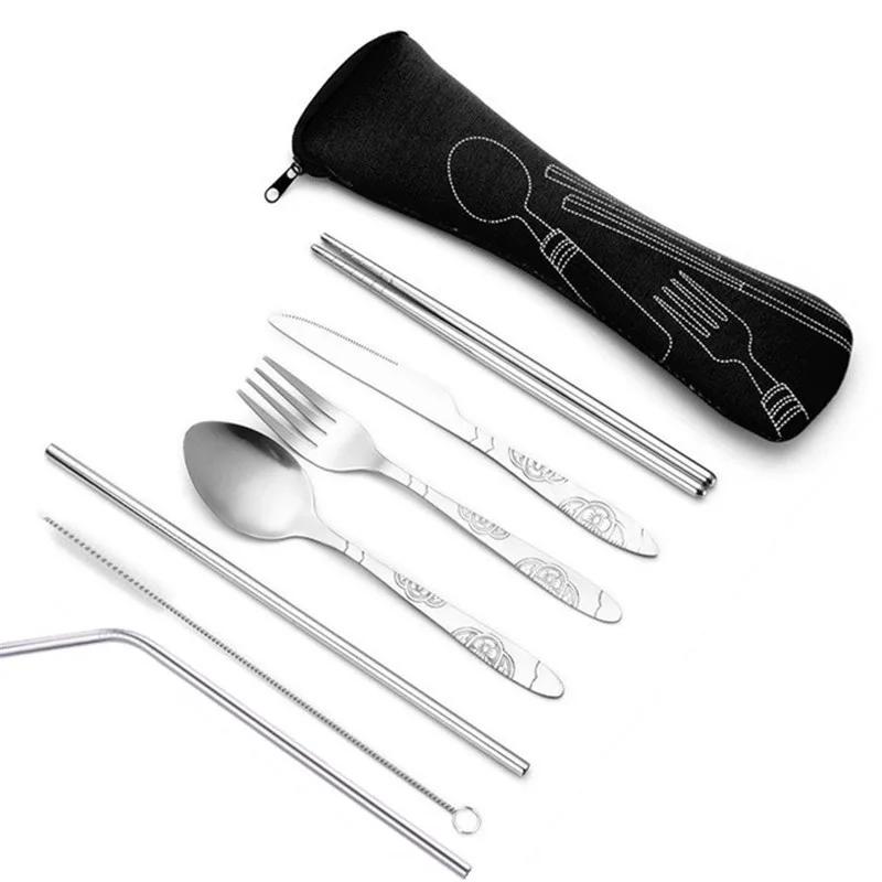 Outdoor Portable Cloth Bag Knife Fork Spoon Chopsticks Straw Rich Flowers Seven Sets 7pcs/ Set Stainless Steel Tableware Set