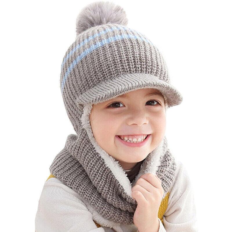 Kids Girls Boys Toddler Baby Winter Warm Hat Hooded Scarf Earflap Knitted Cap