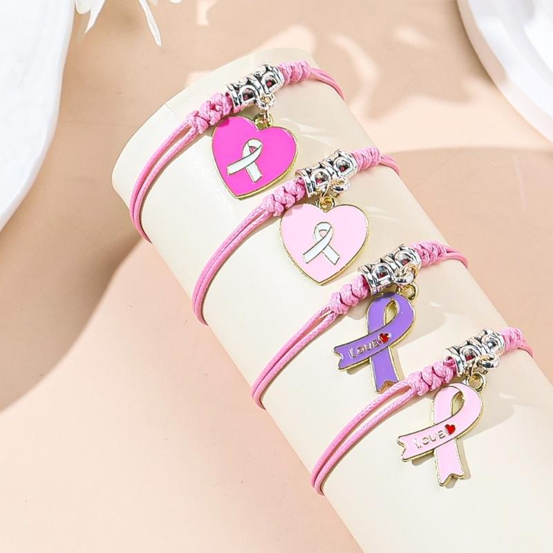 Braccialetto Regolabile in Lega di Zinco Simbolico con Nastro Rosa Viola e Ciondolo a Forma di Cuore per il Supporto al Cancro al Seno