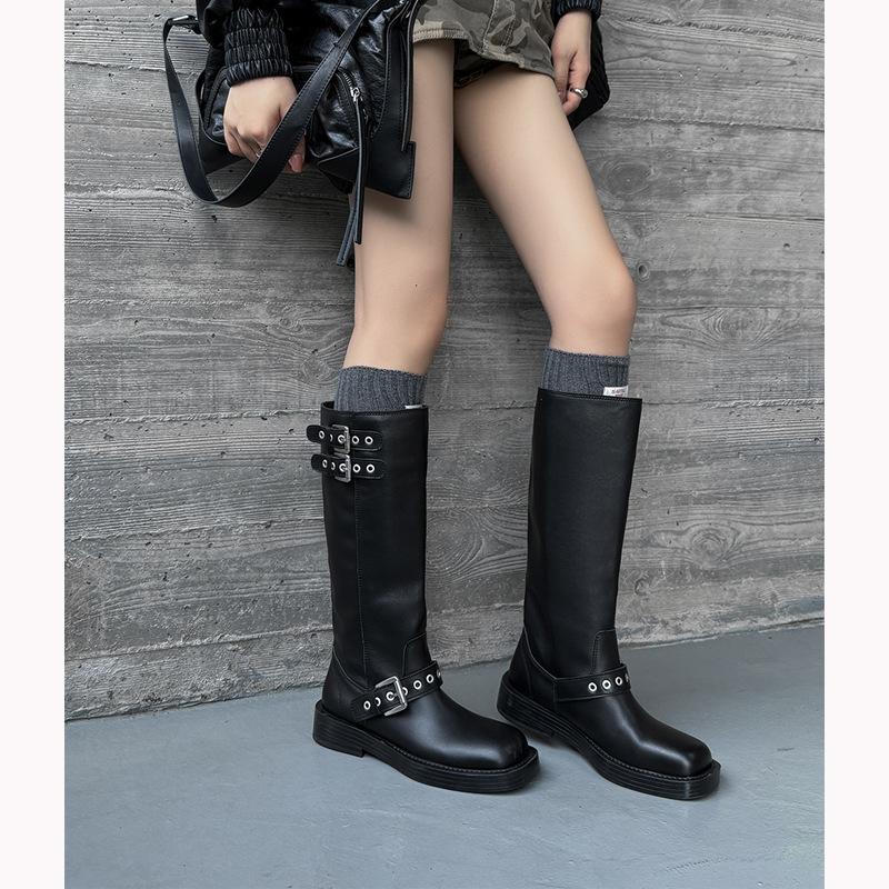 

Версия из коровьей кожи, популярная в интернете пряжка для ремня, полусапоги-рыцари средней высоты, женские облегающие длинные сапоги, мотоциклетные сапоги с круглым носком, ковбойские сапоги на толстом каблуке 40