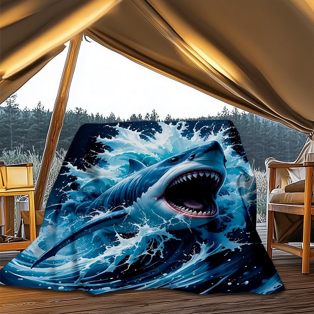 1pc Shark Attack Print Outdoor Blanket, Lightweight Polyester,