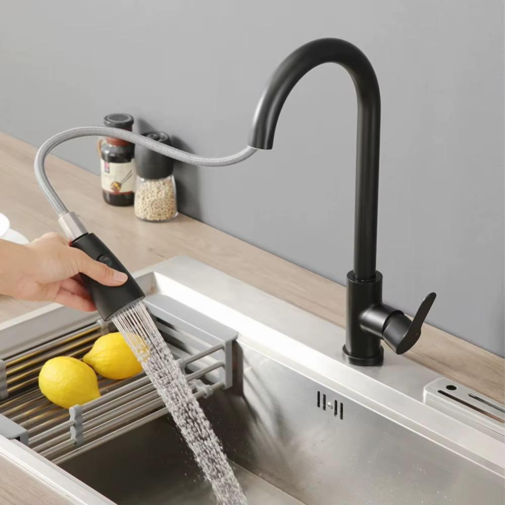 Robinet de cuisine extractible Rotation à 360° Acier inoxydable Robinet d'évier de cuisine Anti-éclaboussures Double mode de sortie d'eau Robinetts eau chaude et froide